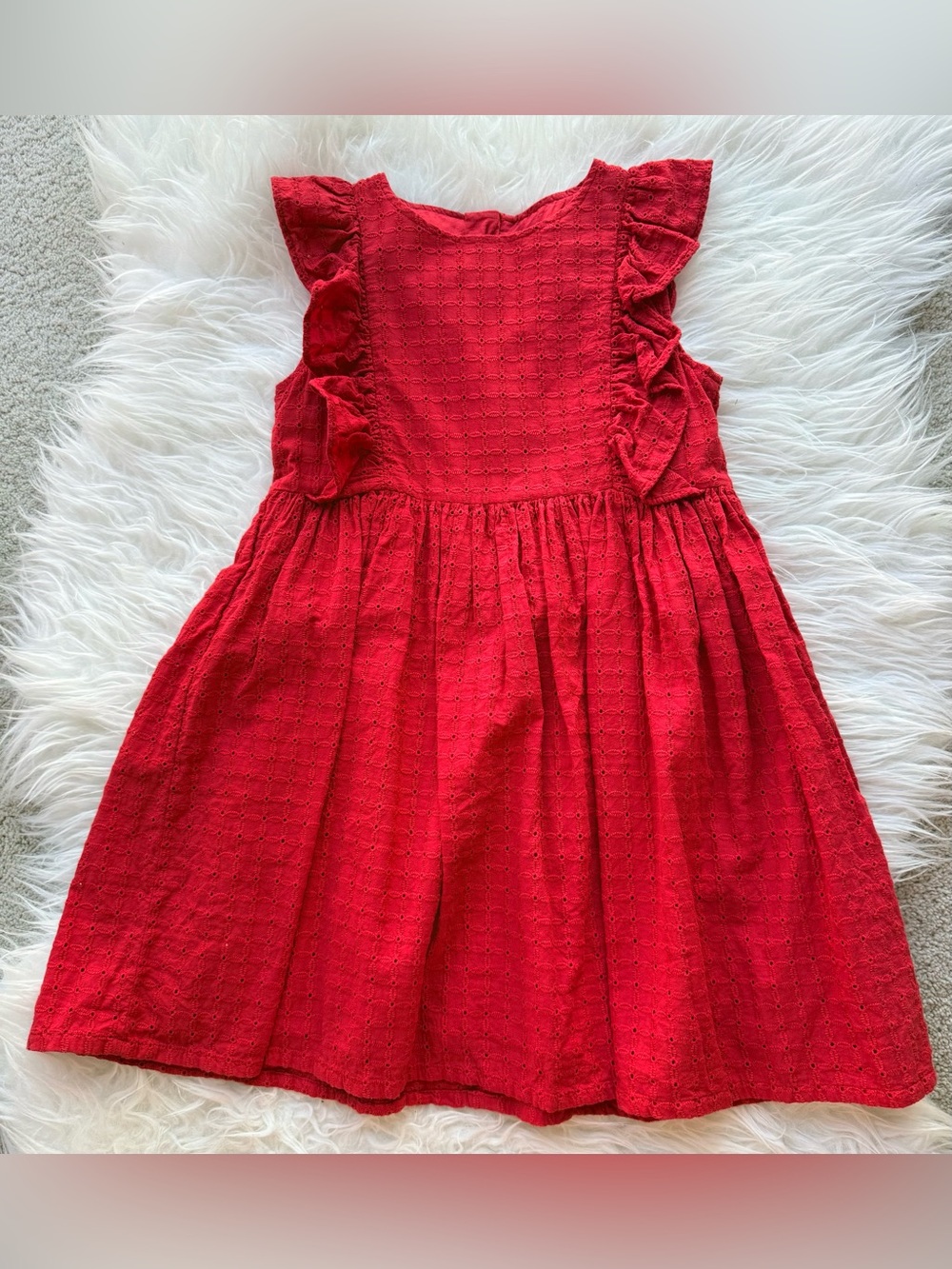 Petit Bateau Girls Red Ruffle Sleeve Eyelet Dress 6T 116cm
